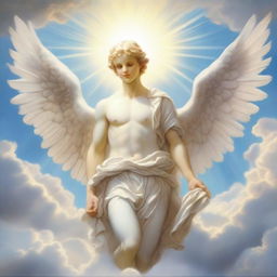 A detailed illustration of a male cherubim, featuring angelic wings, a serene expression, and divine light surrounding him