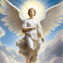 A detailed illustration of a male cherubim, featuring angelic wings, a serene expression, and divine light surrounding him