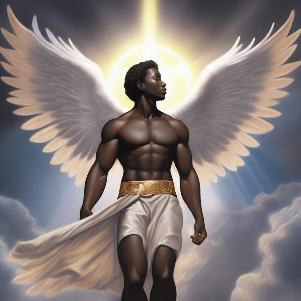 A detailed illustration of a male dark-skinned cherubim, featuring angelic wings, a serene expression, and divine light surrounding him