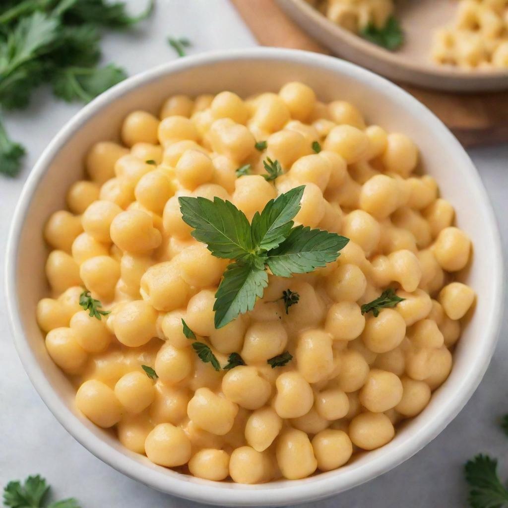 A close-up, high-definition image depicting a bowl of homemade macaroni and cheese, with a beautiful golden crust on top, garnished with fresh parsley.