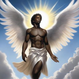 A detailed illustration of a male dark-skinned cherubim, featuring angelic wings, a serene expression, and divine light surrounding him