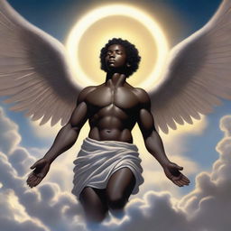 A detailed illustration of a male dark-skinned cherubim, featuring angelic wings, a serene expression, and divine light surrounding him