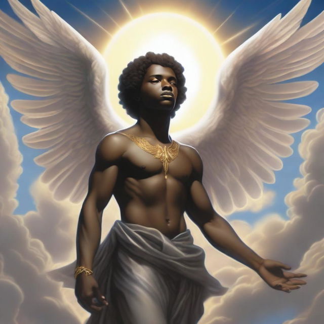 A detailed illustration of a male dark-skinned cherubim, featuring angelic wings, a serene expression, and divine light surrounding him