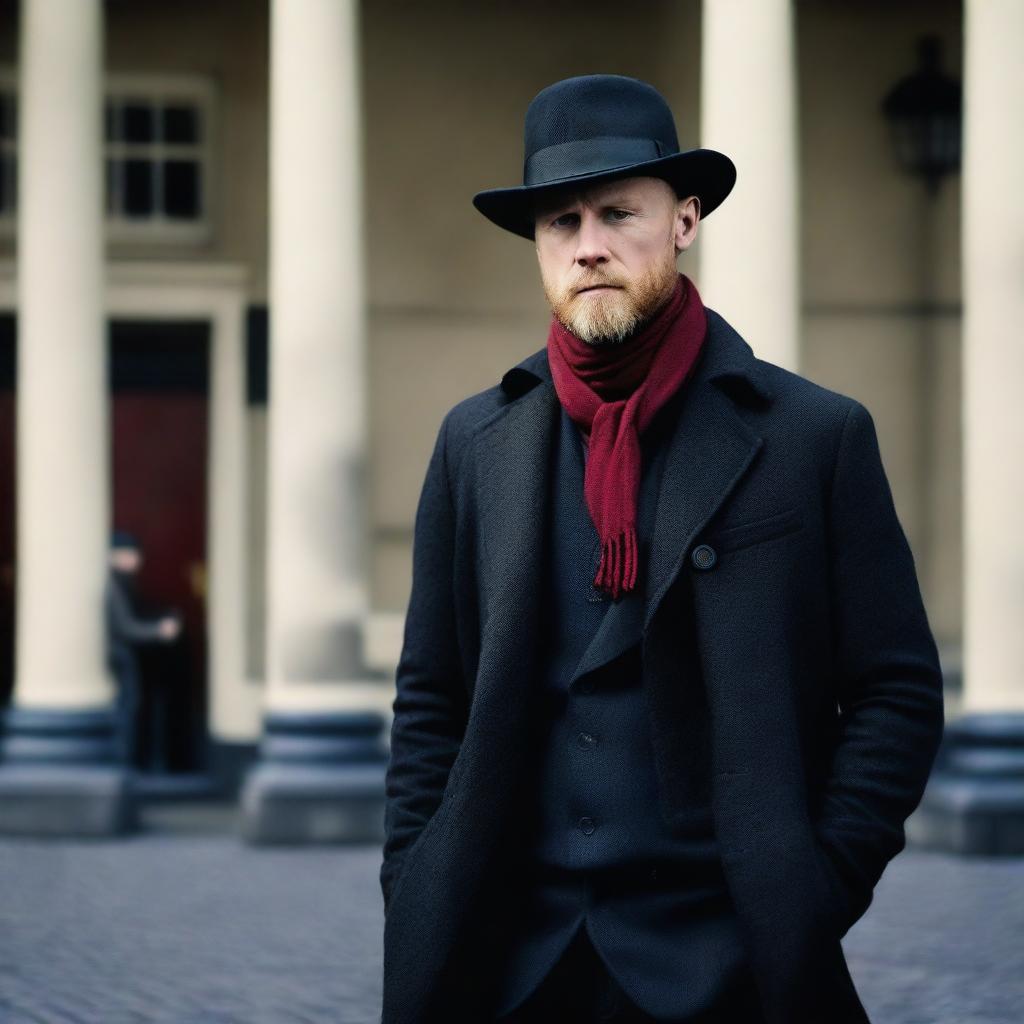 Aksel Hennie with a black beard, wearing a black bowler hat, a long black coat, a red scarf around his neck, a white shirt tucked into trousers, and black jeans