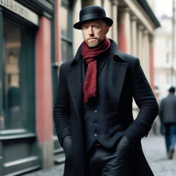 Aksel Hennie with a black beard, wearing a black bowler hat, a long black coat, a red scarf around his neck, a white shirt tucked into trousers, and black jeans