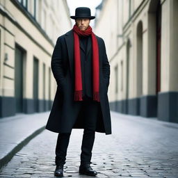 Aksel Hennie with a black beard, wearing a black bowler hat, a long black coat, a red scarf around his neck, a white shirt tucked into trousers, and black jeans