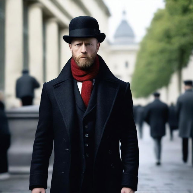 Aksel Hennie with a black beard, wearing a black bowler hat, a long black coat, a red scarf around his neck, a white shirt tucked into trousers, and black jeans