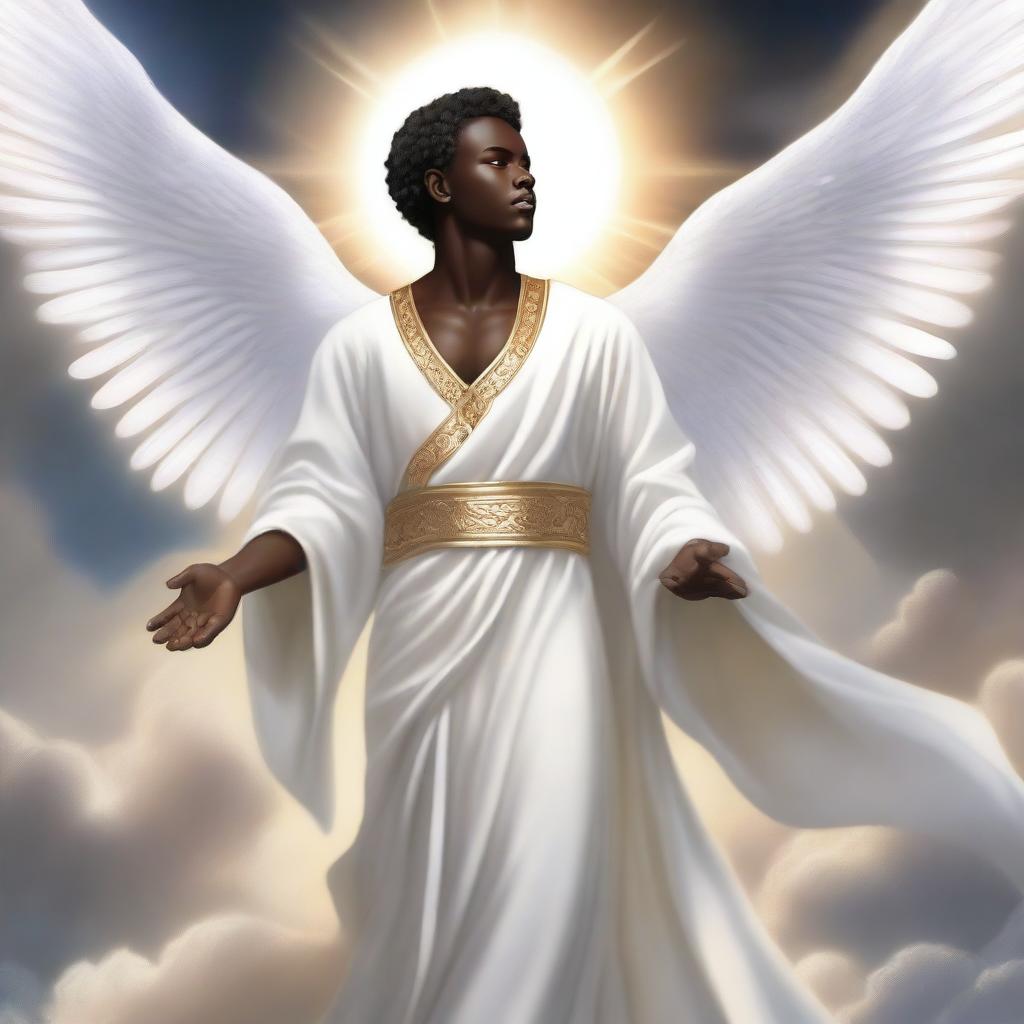 A detailed illustration of a male dark-skinned cherubim wearing a pure white robe