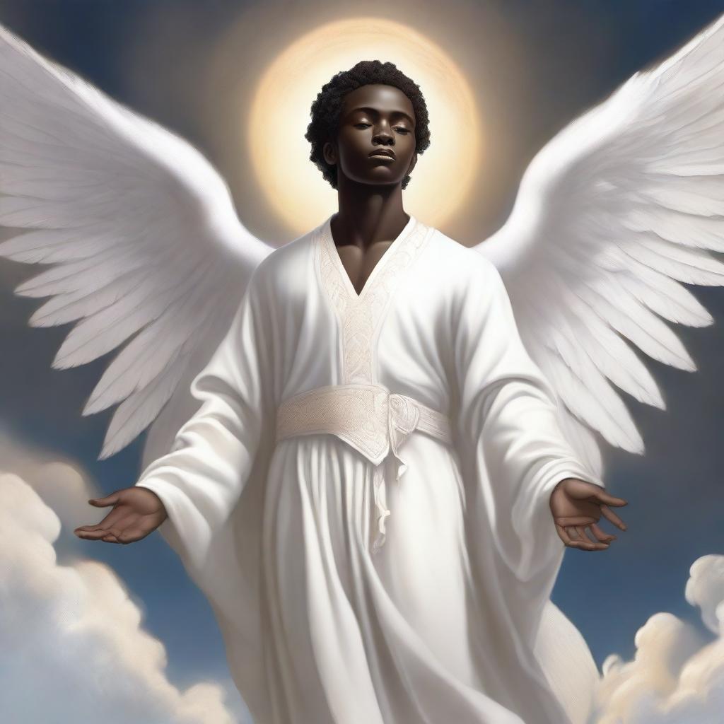 A detailed illustration of a male dark-skinned cherubim wearing a pure white robe