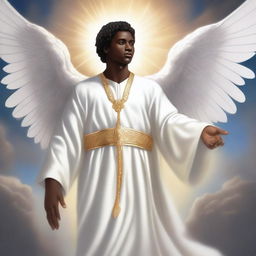 A detailed illustration of a male dark-skinned cherubim wearing a pure white robe