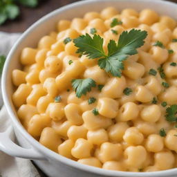 A close-up, high-definition image depicting a bowl of homemade macaroni and cheese, with a beautiful golden crust on top, garnished with fresh parsley.