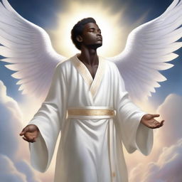 A detailed illustration of a male dark-skinned cherubim wearing a pure white robe