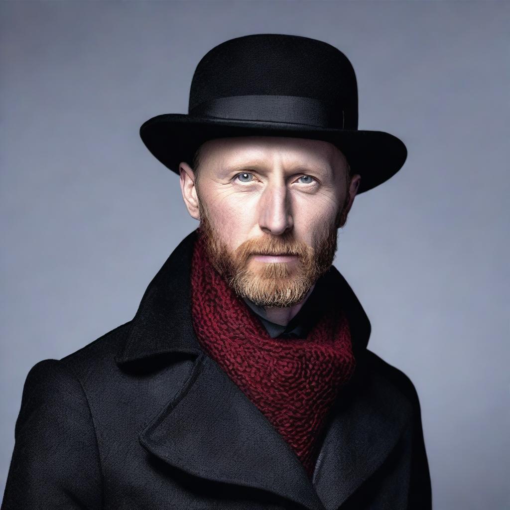 Aksel Hennie with a black beard, wearing a black bowler hat, a long black coat, a red scarf around his neck, a white shirt tucked into trousers, and black jeans