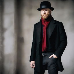 Aksel Hennie with a black beard, wearing a black bowler hat, a long black coat, a red scarf around his neck, a white shirt tucked into trousers, and black jeans