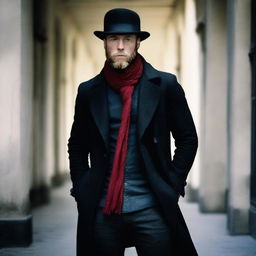 Aksel Hennie with a black beard, wearing a black bowler hat, a long black coat, a red scarf around his neck, a white shirt tucked into trousers, and black jeans