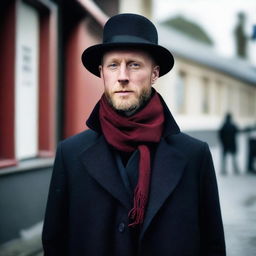 Aksel Hennie with a black beard, wearing a black bowler hat, a long black coat, a red scarf around his neck, a white shirt tucked into trousers, and black jeans