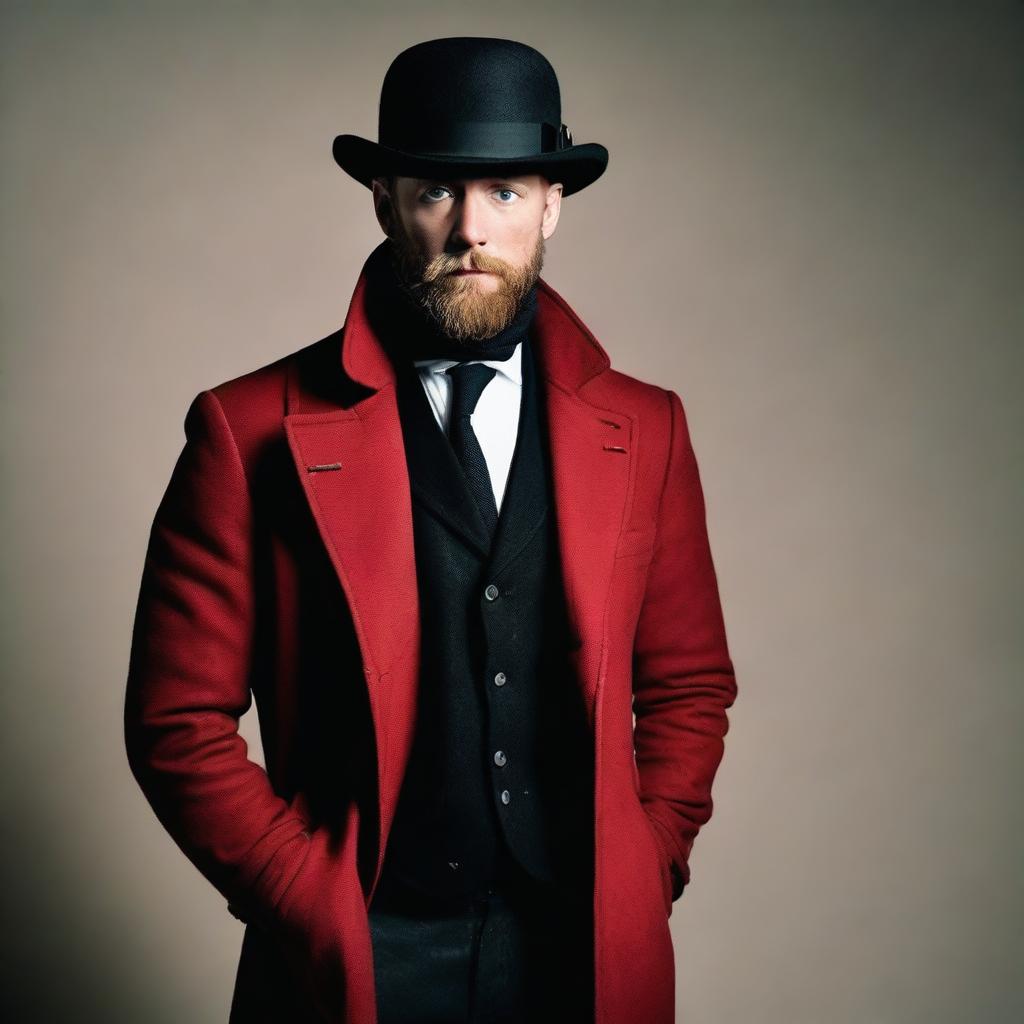 Aksel Hennie with a black beard, wearing a black bowler hat, a long black coat, a red scarf around his neck, a white shirt tucked into trousers, and black jeans