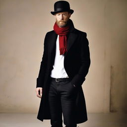 Aksel Hennie with a black beard, wearing a black bowler hat, a long black coat, a red scarf around his neck, a white shirt tucked into trousers, and black jeans