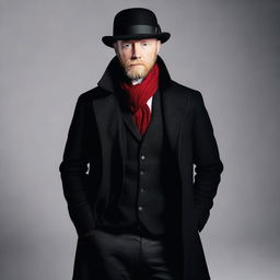 Aksel Hennie with a black beard, wearing a black bowler hat, a long black coat, a red scarf around his neck, a white shirt tucked into trousers, and black jeans