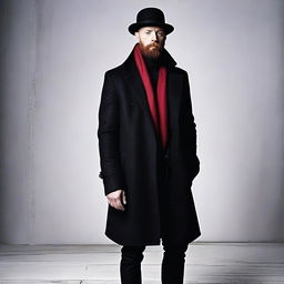 Aksel Hennie with a black beard, wearing a black bowler hat, a long black coat, a red scarf around his neck, a white shirt tucked into trousers, and black jeans