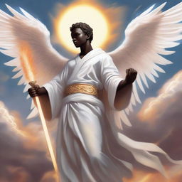 A detailed illustration of a male dark-skinned cherubim wearing a pure white robe and holding a flaming sword