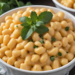 A close-up, high-definition image depicting a bowl of homemade macaroni and cheese, with a beautiful golden crust on top, garnished with fresh parsley.