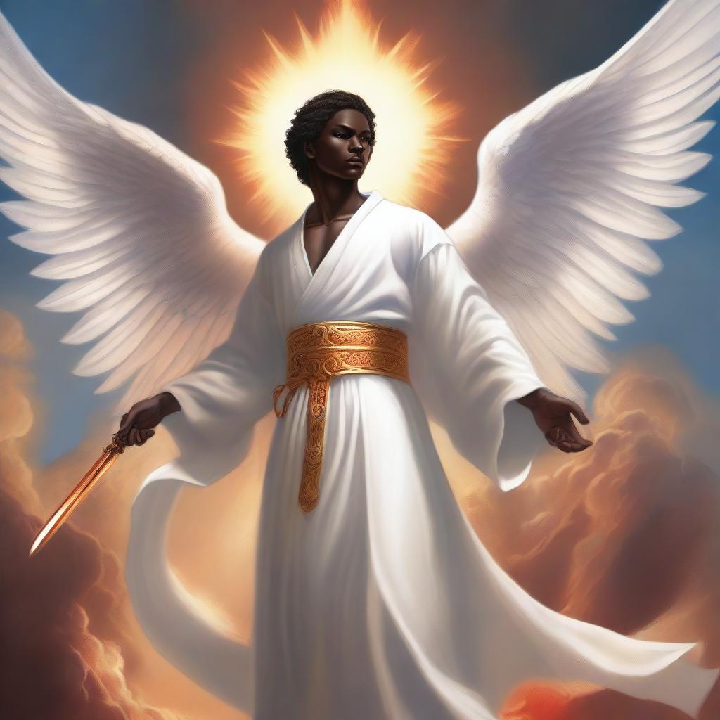 A detailed illustration of a male dark-skinned cherubim wearing a pure white robe and holding a flaming sword