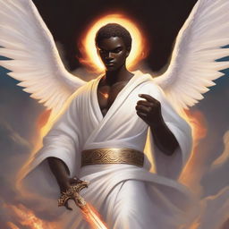 A detailed illustration of a male dark-skinned cherubim wearing a pure white robe and holding a flaming sword