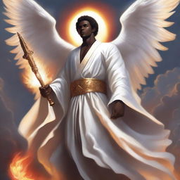 A detailed illustration of a male dark-skinned cherubim wearing a pure white robe and holding a flaming sword