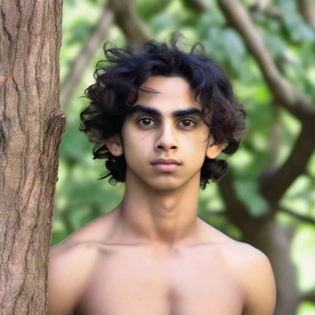 A 22-year-old boy with an oval-shaped face, delicate and defined features, large dark brown eyes, thick well-defined eyebrows, a straight nose, full lips, and thick dark wavy hair