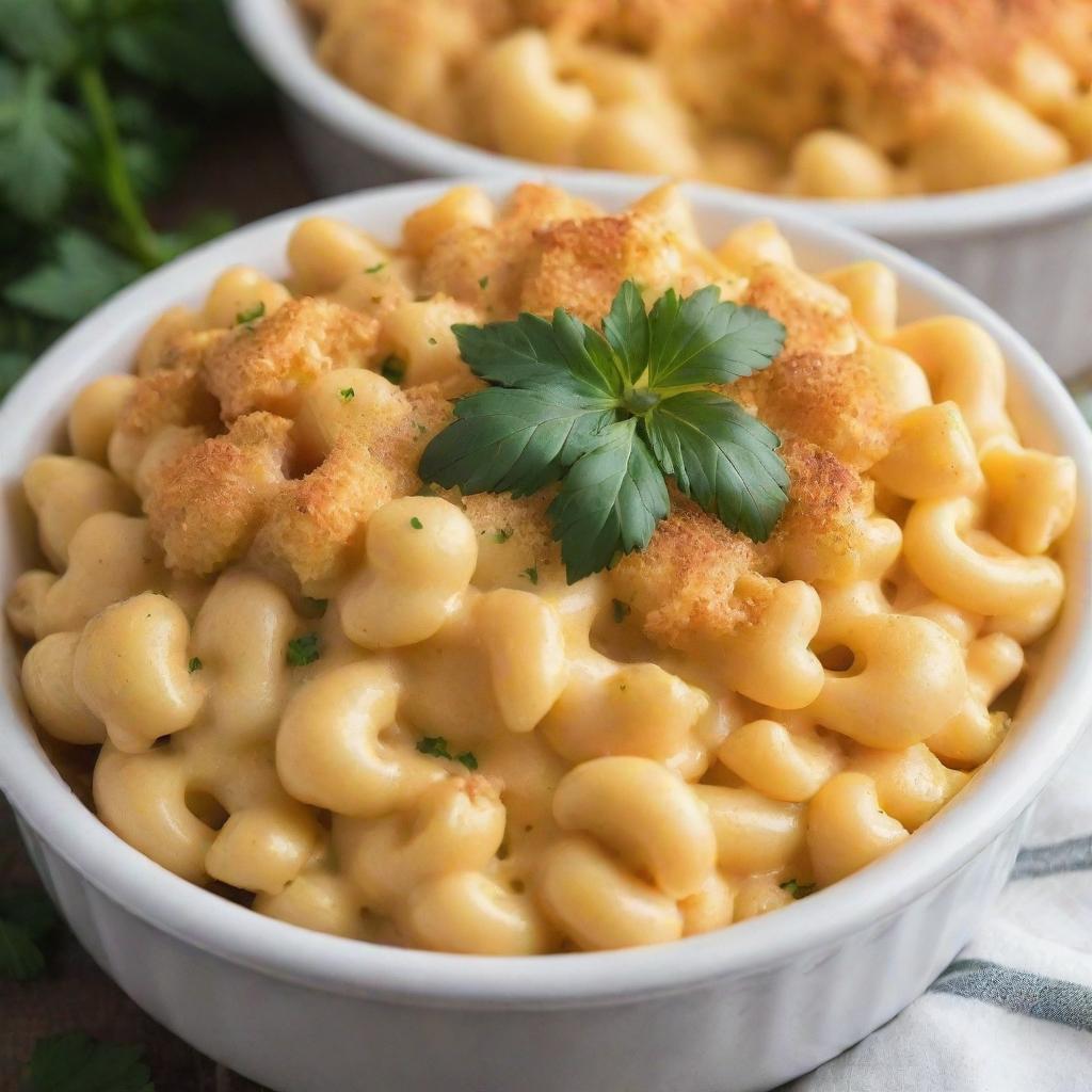 A close-up, high-definition image depicting a bowl of homemade macaroni and cheese, with a beautiful golden crust on top, garnished with fresh parsley.