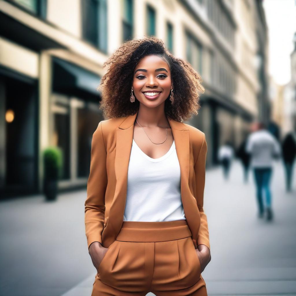 A beautiful young woman in a stylish outfit, posing confidently in a modern urban setting