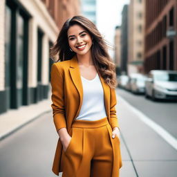 A beautiful young woman in a stylish outfit, posing confidently in a modern urban setting