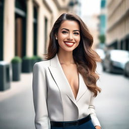 A beautiful young woman in a stylish outfit, posing confidently in a modern urban setting