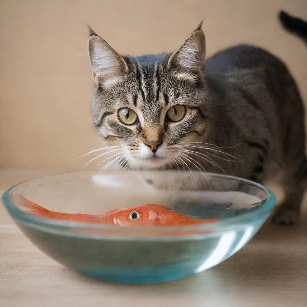 A curious cat with its intense gaze fixed on a fish swimming in a bowl