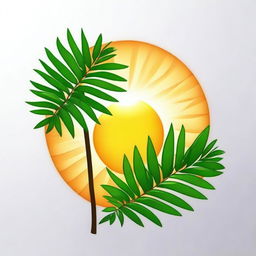 Create an image featuring a sun with two realistic palm leaves at the bottom