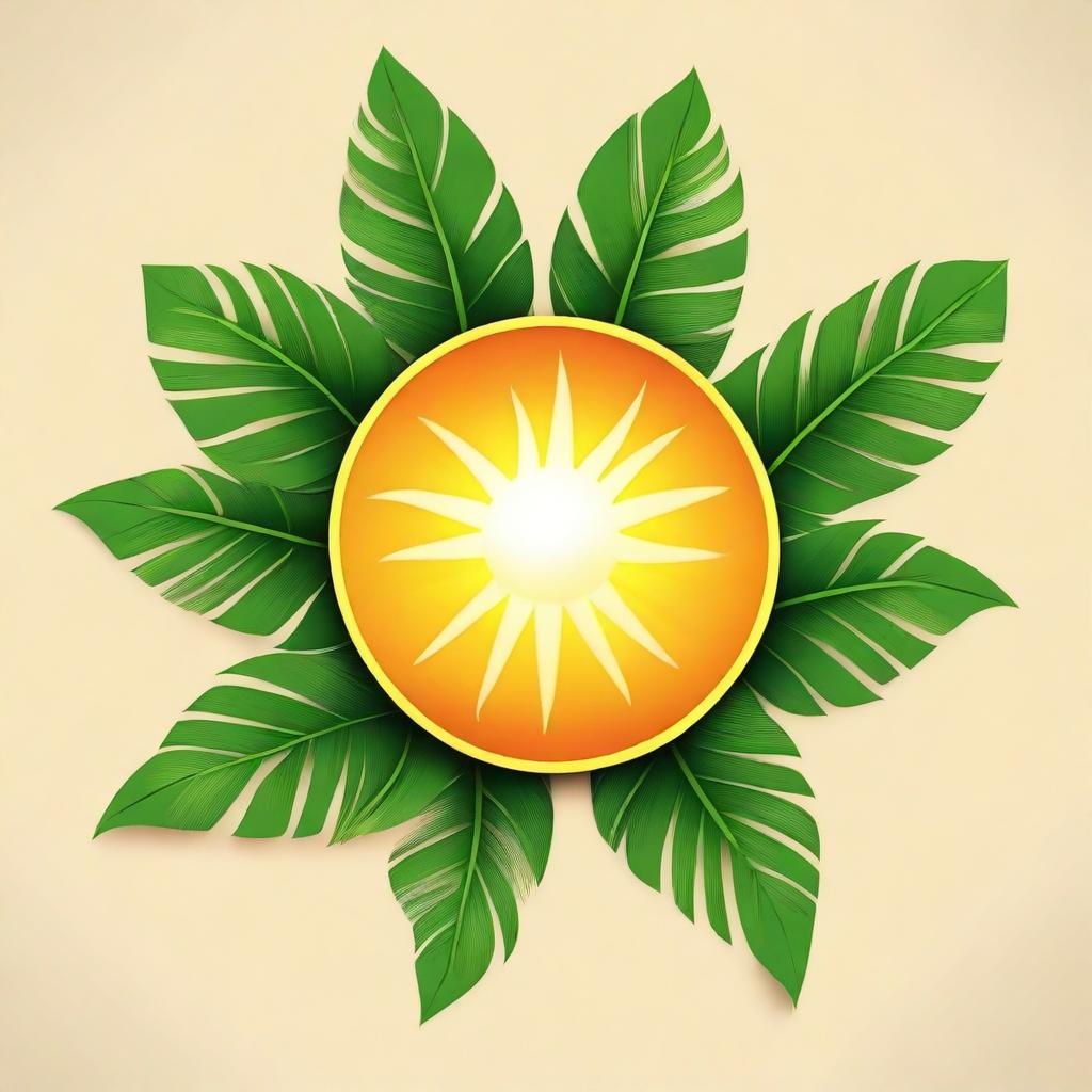 Create an image featuring a sun with two realistic palm leaves at the bottom