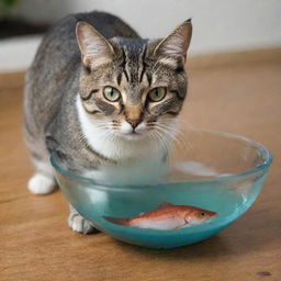 A curious cat with its intense gaze fixed on a fish swimming in a bowl