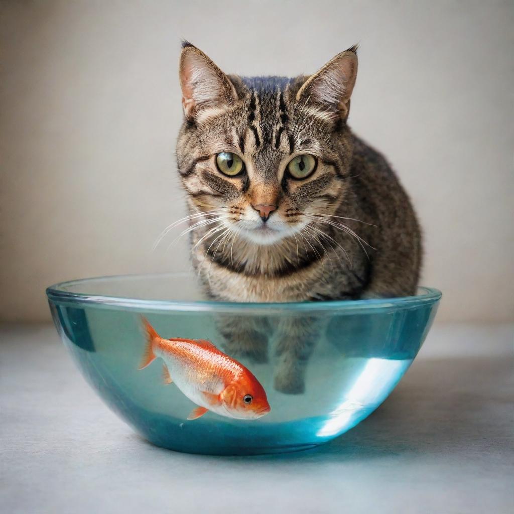 A curious cat with its intense gaze fixed on a fish swimming in a bowl