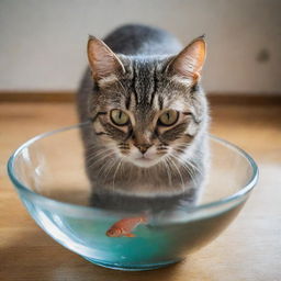 A curious cat with its intense gaze fixed on a fish swimming in a bowl