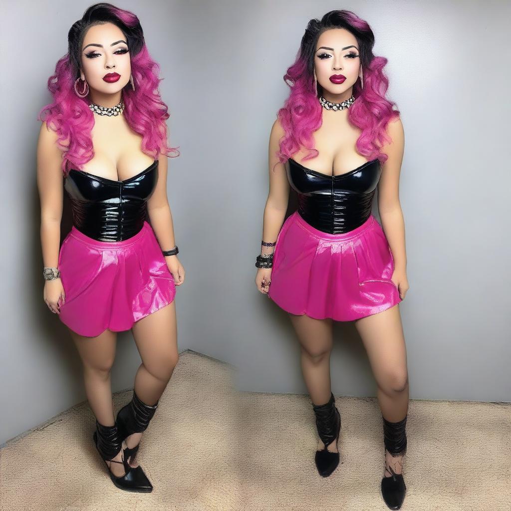 A full-body picture of a petite woman with small breasts, curvy lower body, tiny waist, and wide hips