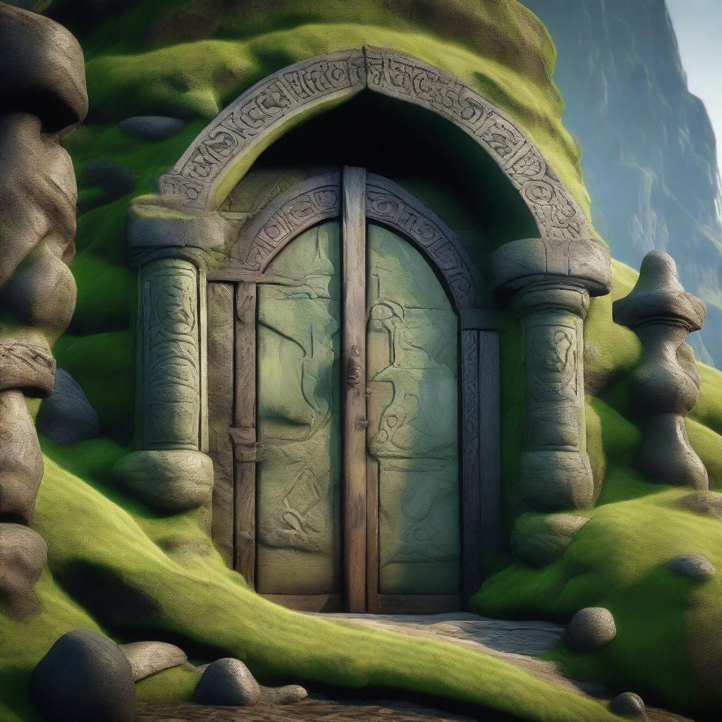 A detailed view of a Dwarven door embedded in a mountain, covered with thick green moss