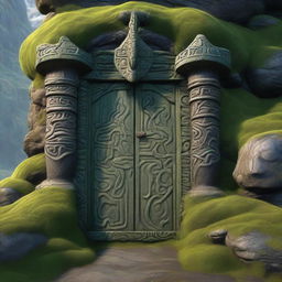 A detailed view of a Dwarven door embedded in a mountain, covered with thick green moss