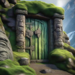 A detailed view of a Dwarven door embedded in a mountain, covered with thick green moss