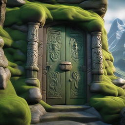 A detailed view of a Dwarven door embedded in a mountain, covered with thick green moss