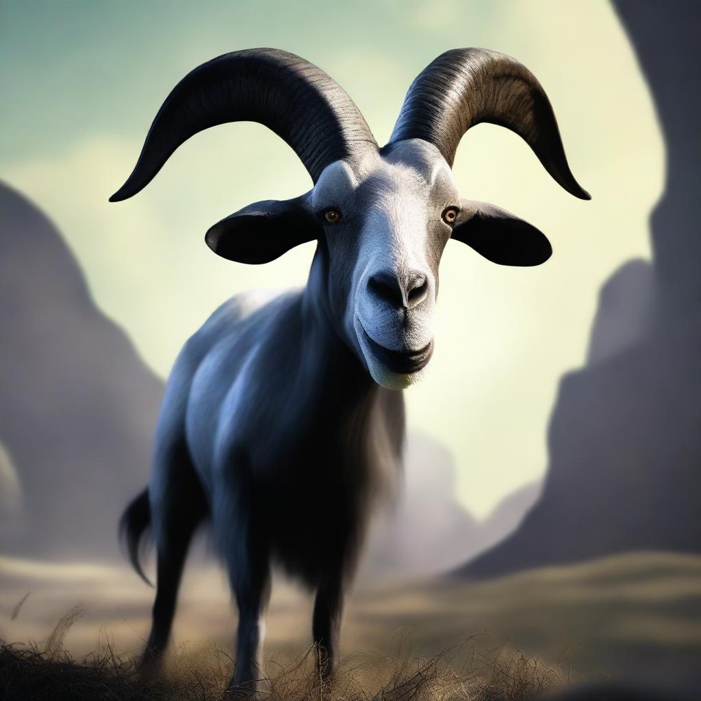 Create an image of a villain named 'The Larger Goat' from the fictional movie 'Goat Simulator: The Movie'