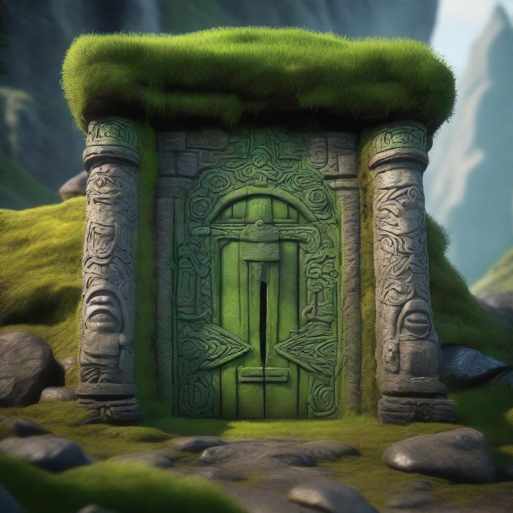 A detailed view of a Dwarven door hidden behind thick green moss, embedded in a mountain