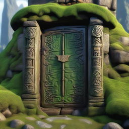 A detailed view of a Dwarven door hidden behind thick green moss, embedded in a mountain