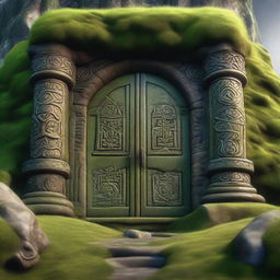 A detailed view of a Dwarven door hidden behind thick green moss, embedded in a mountain