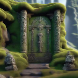 A detailed view of a Dwarven door hidden behind thick green moss, embedded in a mountain